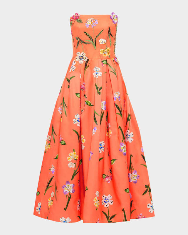 Lynn Pleated Floral-Print Bustier Midi Dress